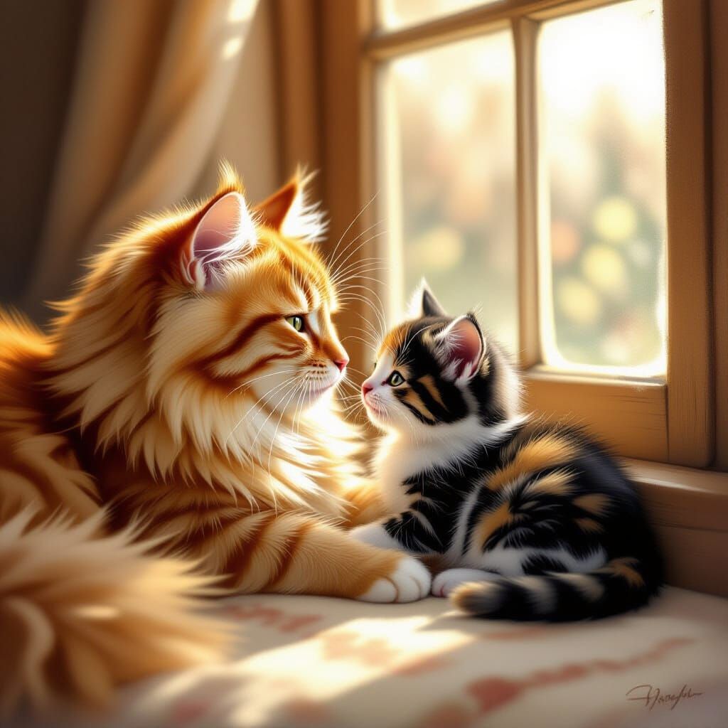 Affectionate Cat and Kitten in Warm Sunlight