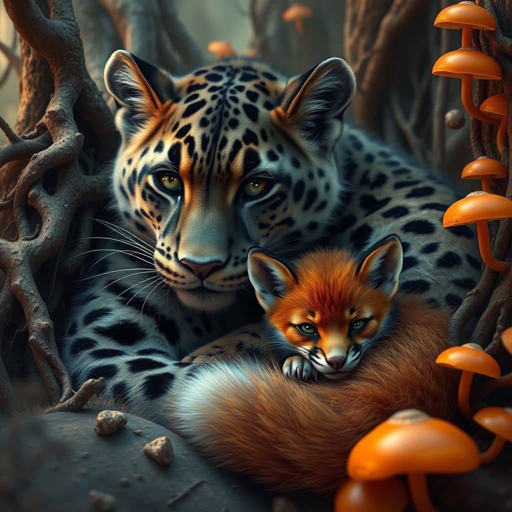 Mystical Encounter with a Fox Kit and Clouded Leopard