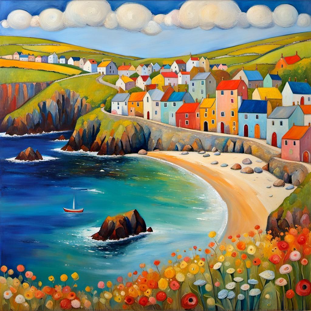 Charming Irish Coastal Village: Encaustic Impasto Painting