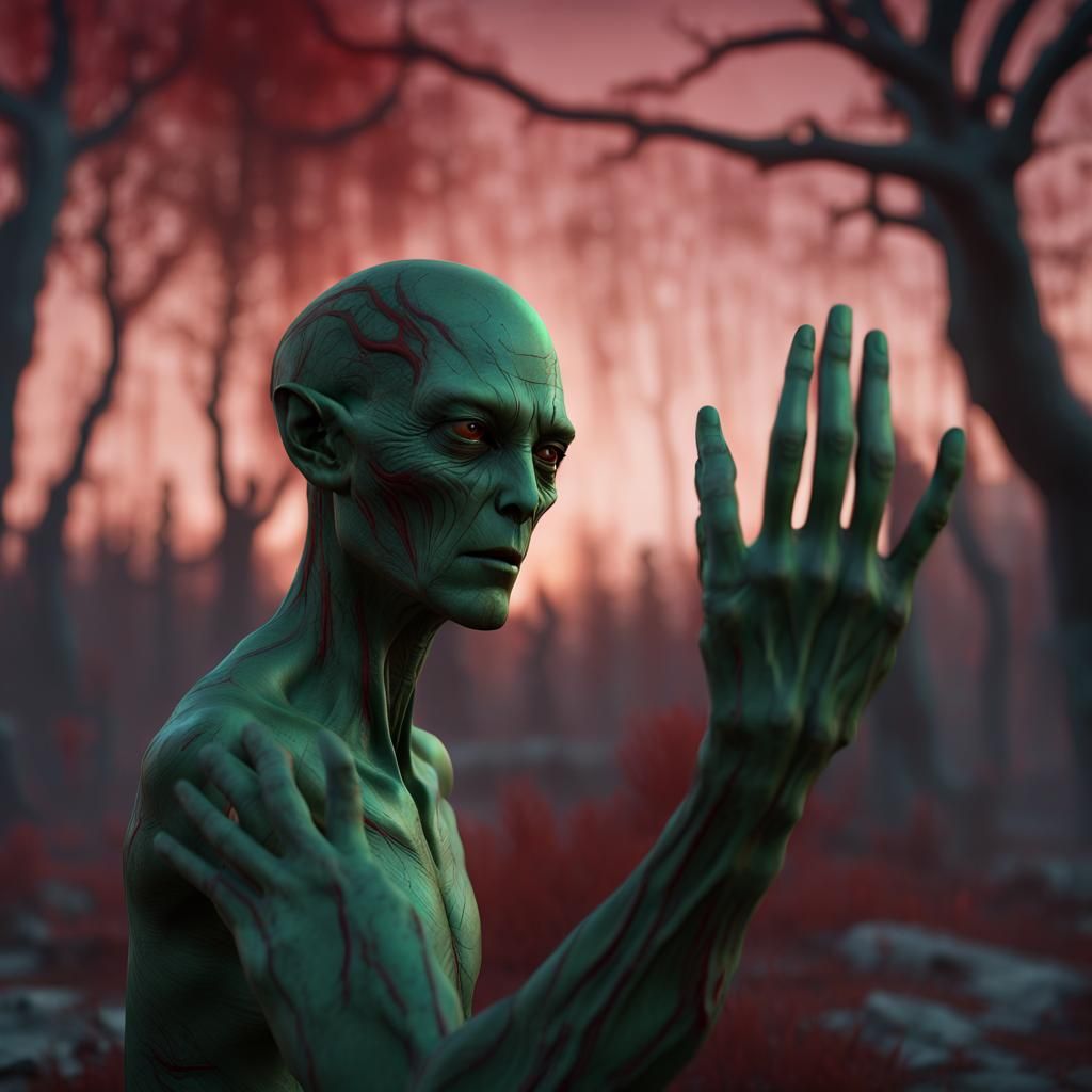 Green Alien Touches Human in Cinematic 3D Scene