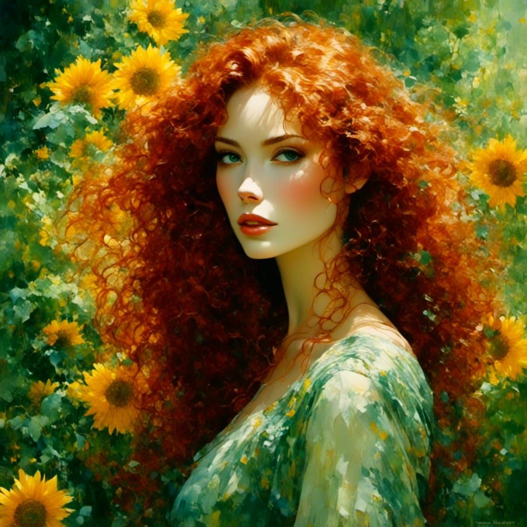 Vibrant Oil Painting Portrait of Red-Haired Woman