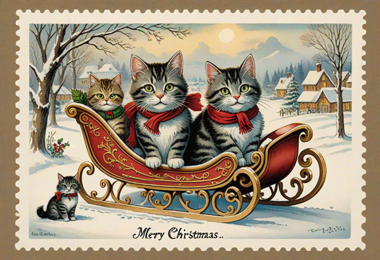 Vintage Christmas Cats Scene in Watercolor Style