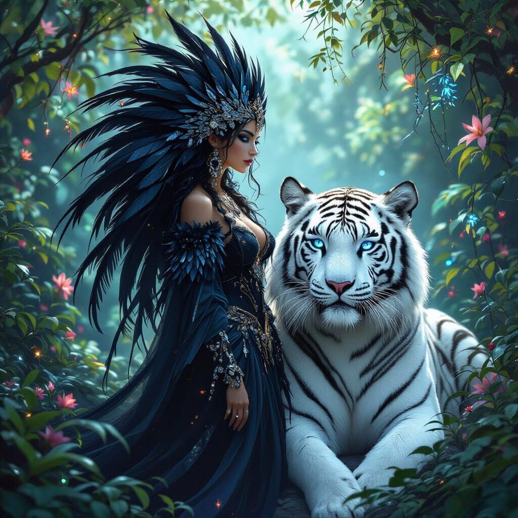 Nature Goddess with Black Feathers and White Tiger