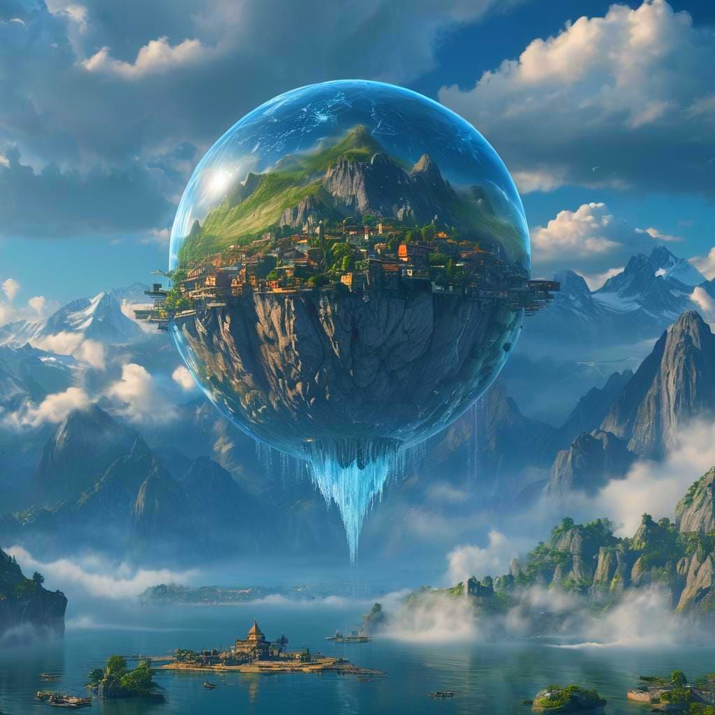 Floating Water Sphere City Above Clouds