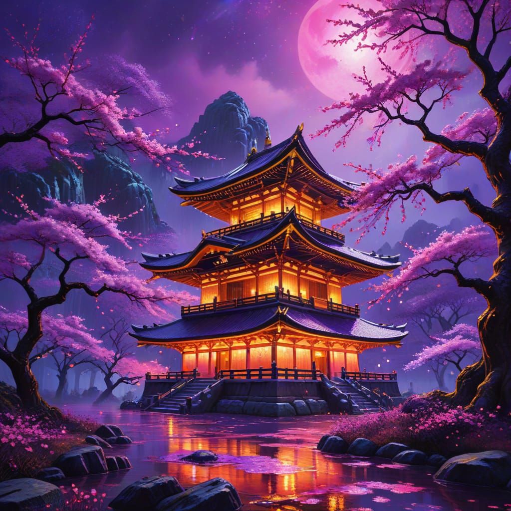 Epic Sakura Temple with Neon Cherry Blossoms