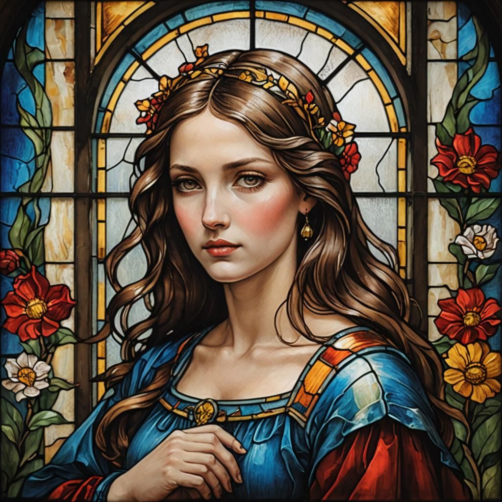 Jugendstil Stained Glass: Woman at Window