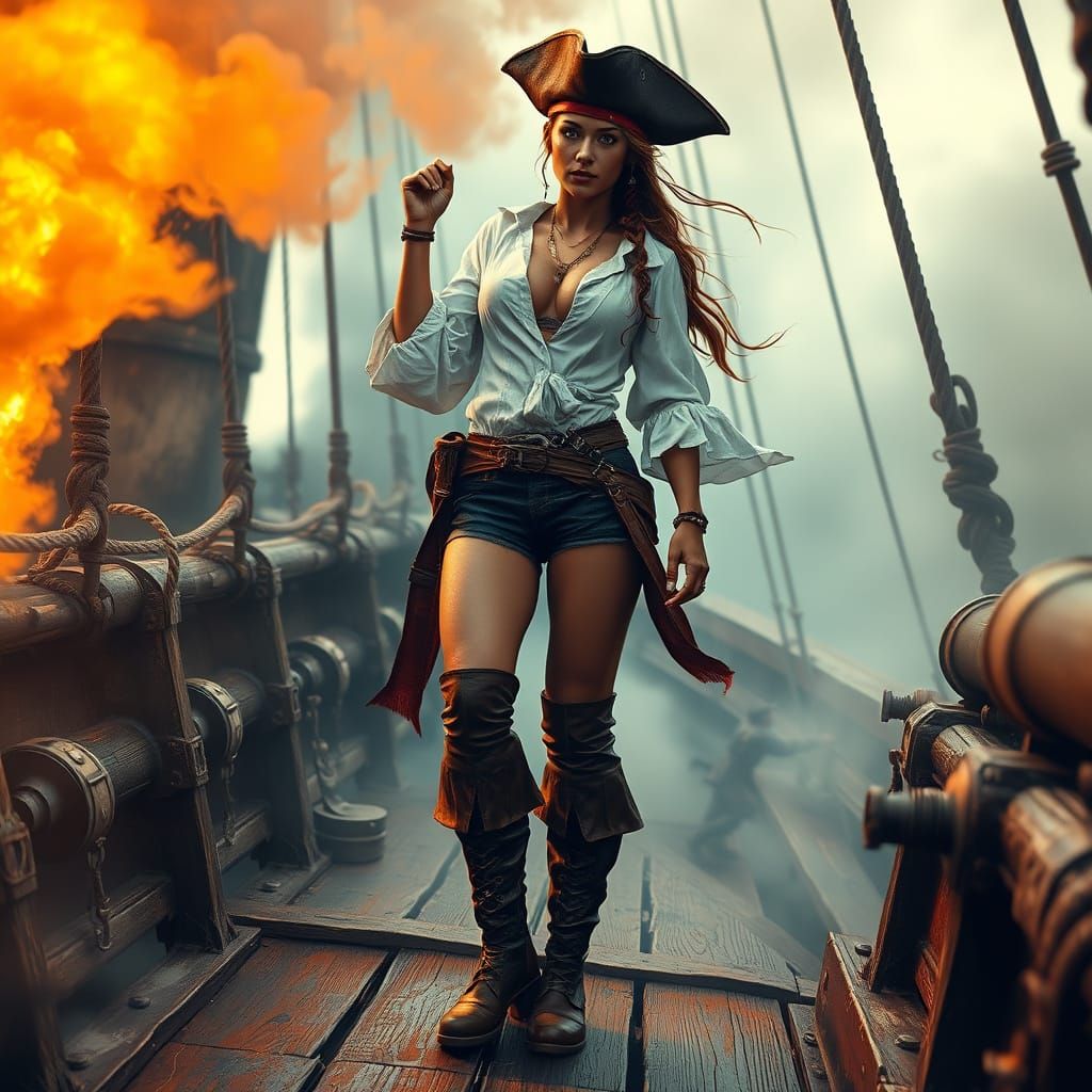 Heroic Pirate Maiden Stands Amidst Swirling Cannon Smoke