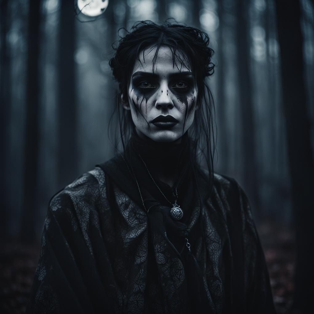 Gothic Girl Portrait in Misty Forest Moonlight