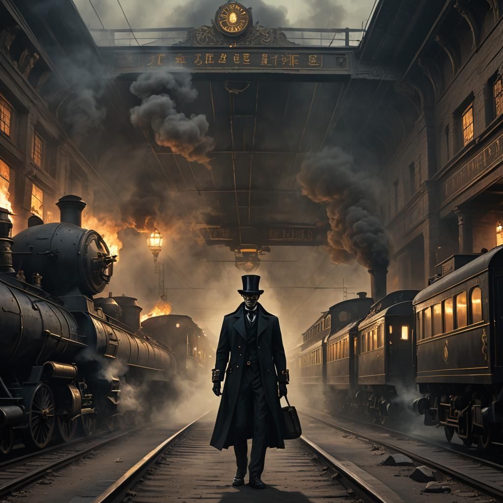 Demonic Egyptian Train Conductor in Dark Fantasy Art