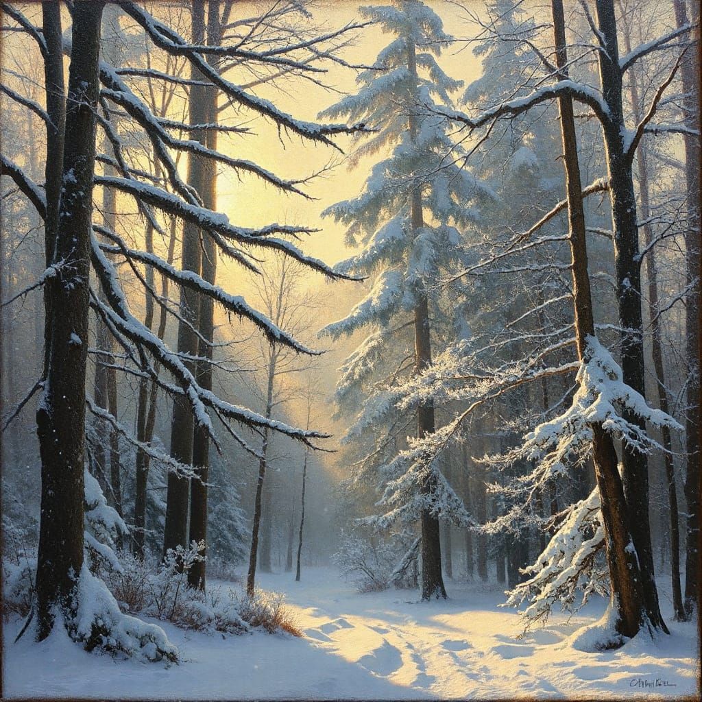 Romantic Oil Painting of Snowfall in a Forest