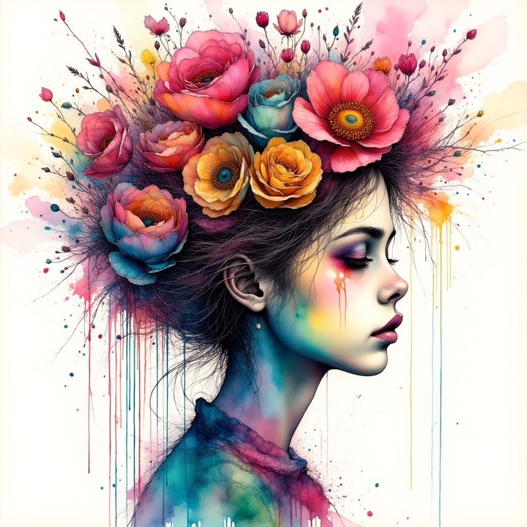 Surreal Anguish: Double Exposure in Watercolor and Ink