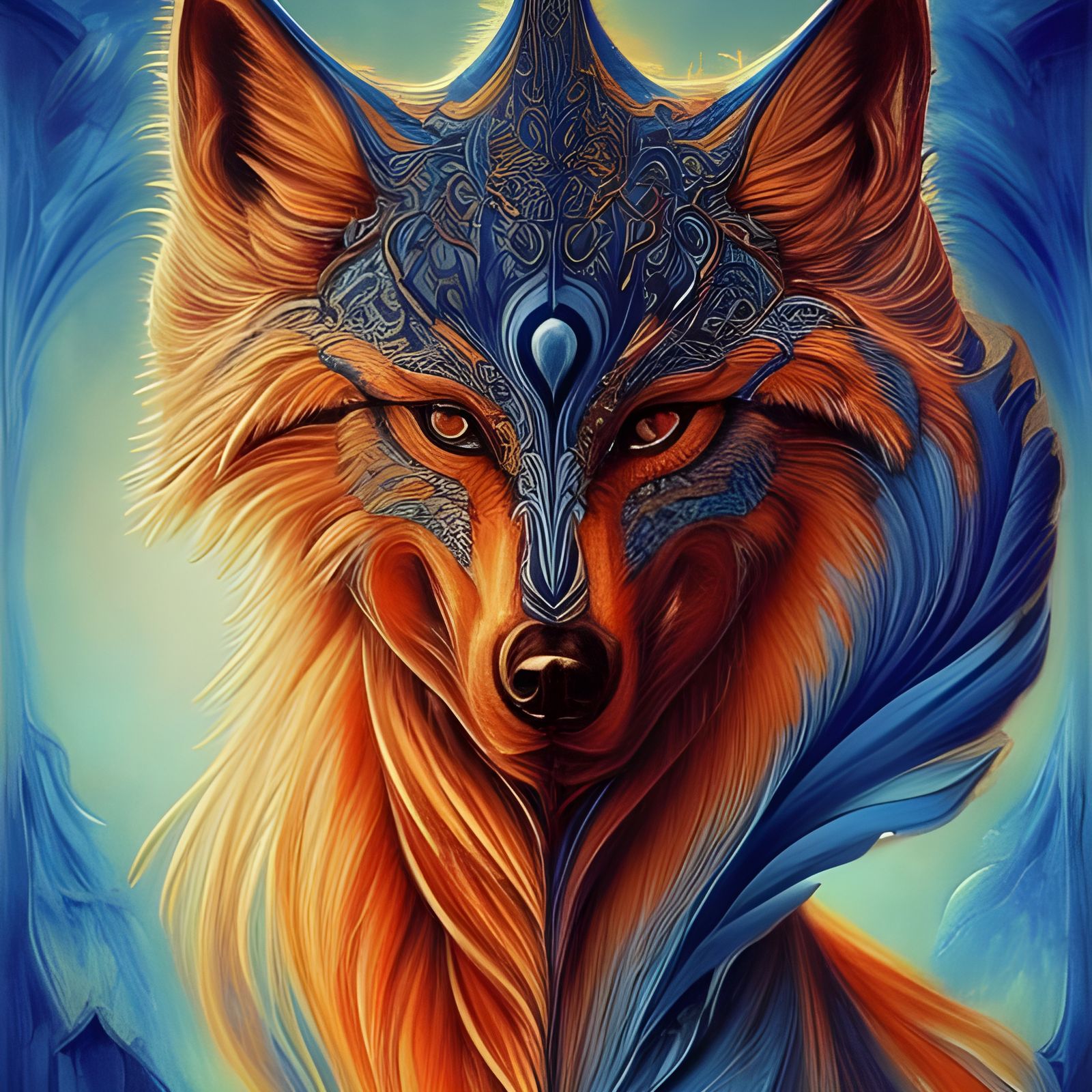 Neovictorian Wolf Portrait in Red and Blue