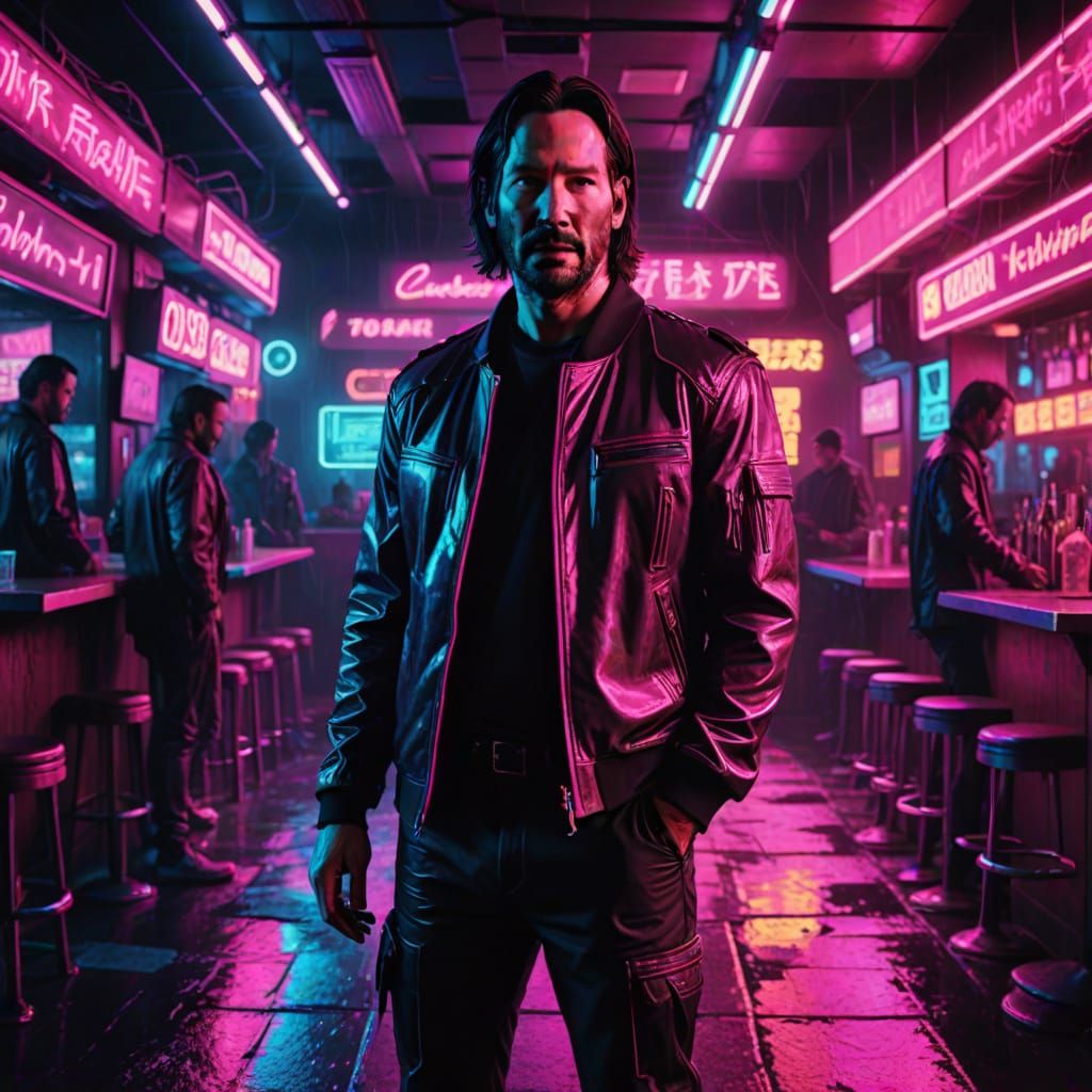 Cyberpunk Bar Scene with Neon Reflections