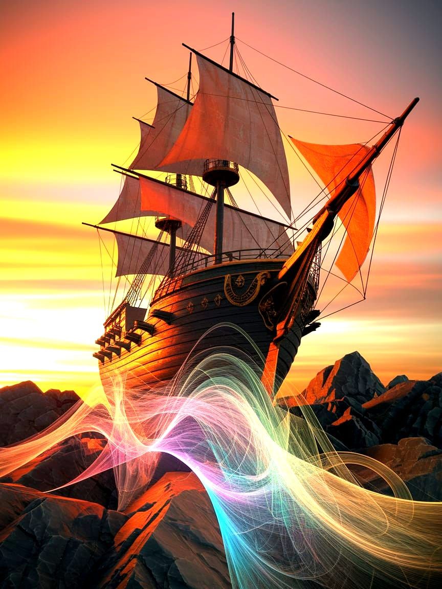 Ancient Pirate Ship Wrecked on Jagged Rocks in Sunset Glow