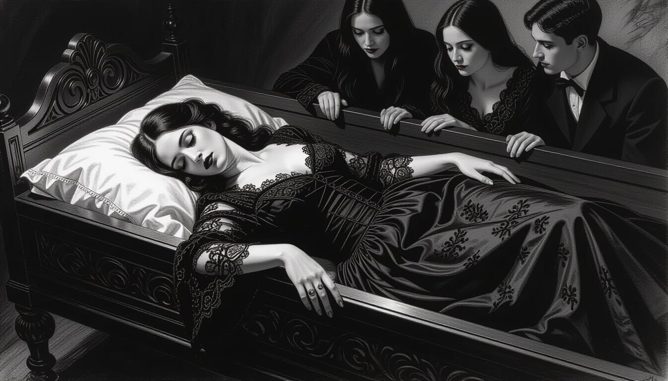 Goth Figure in Lace Dress in Ornate Coffin