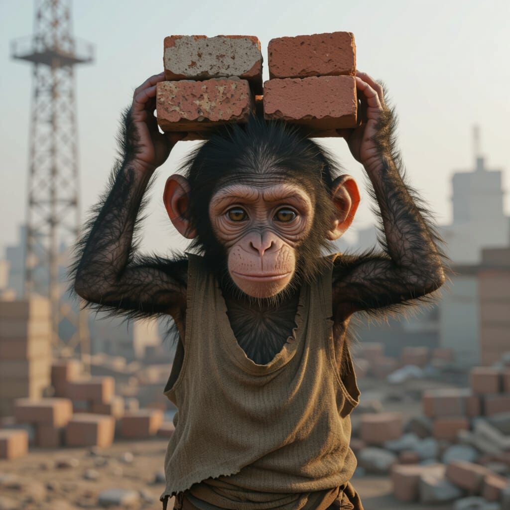 Realistic Monkey-Child Hybrid Laborer at Indian Construction...