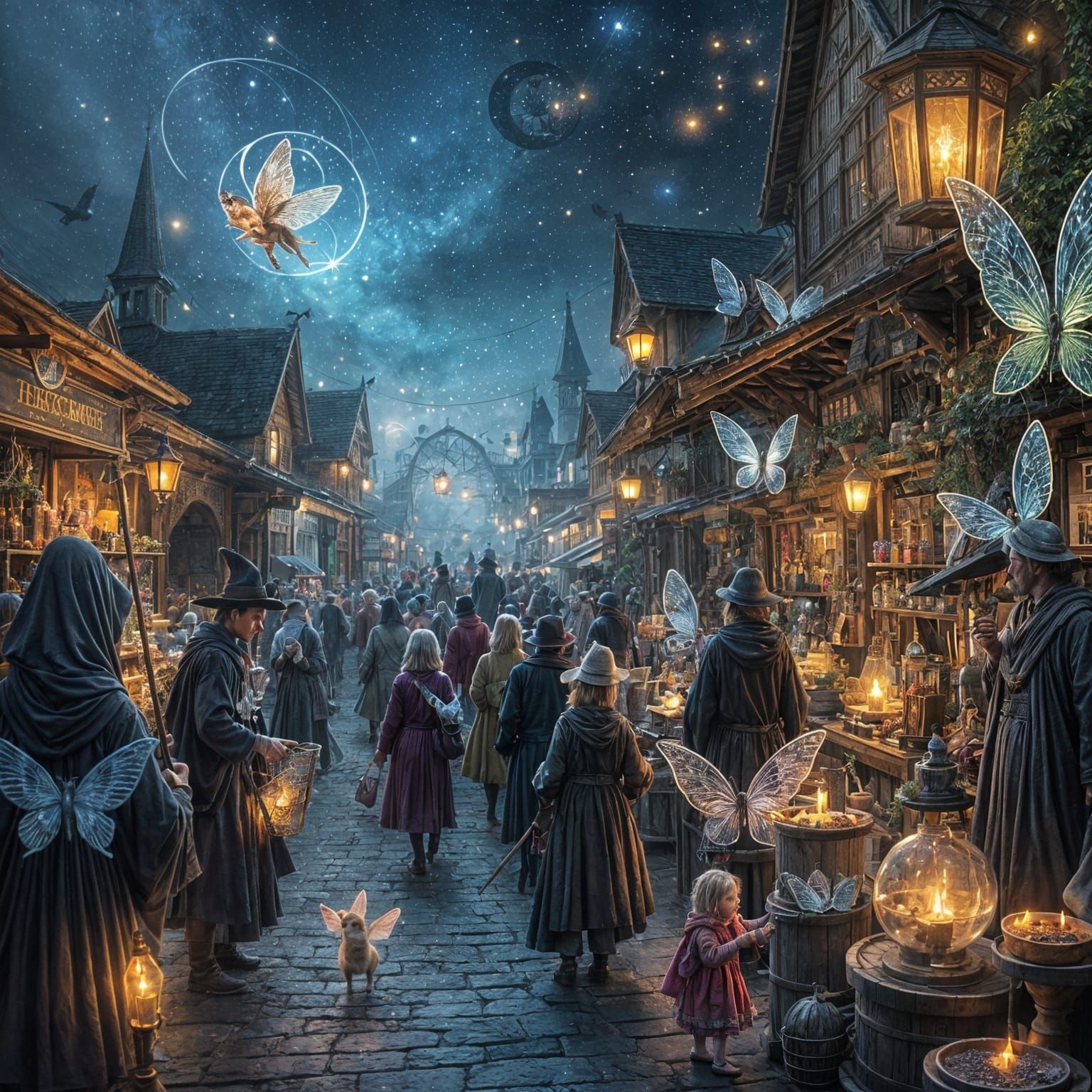 Enchanted Night Market Scene in Whimsical Style