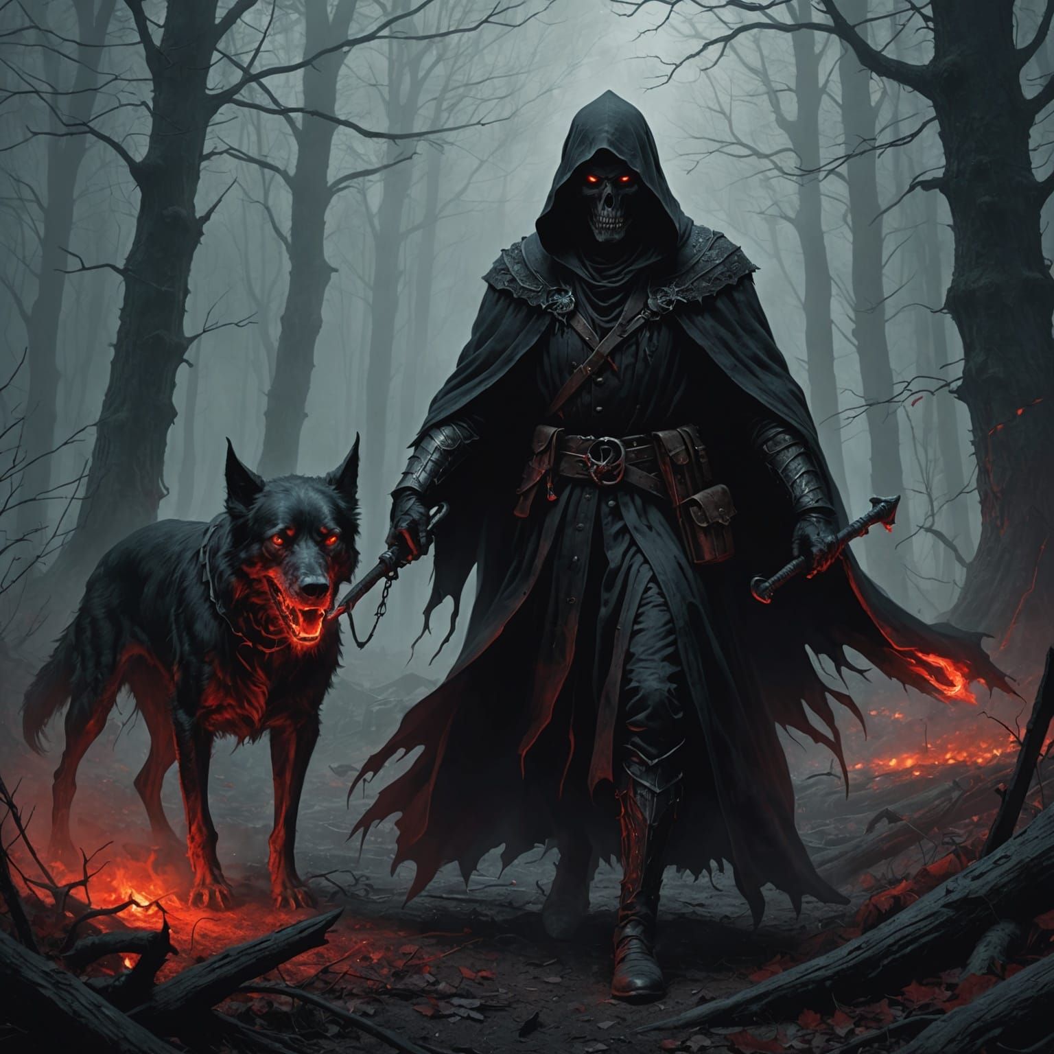 Grim Reaper Hunts in Misty Forest: Horror Illustration