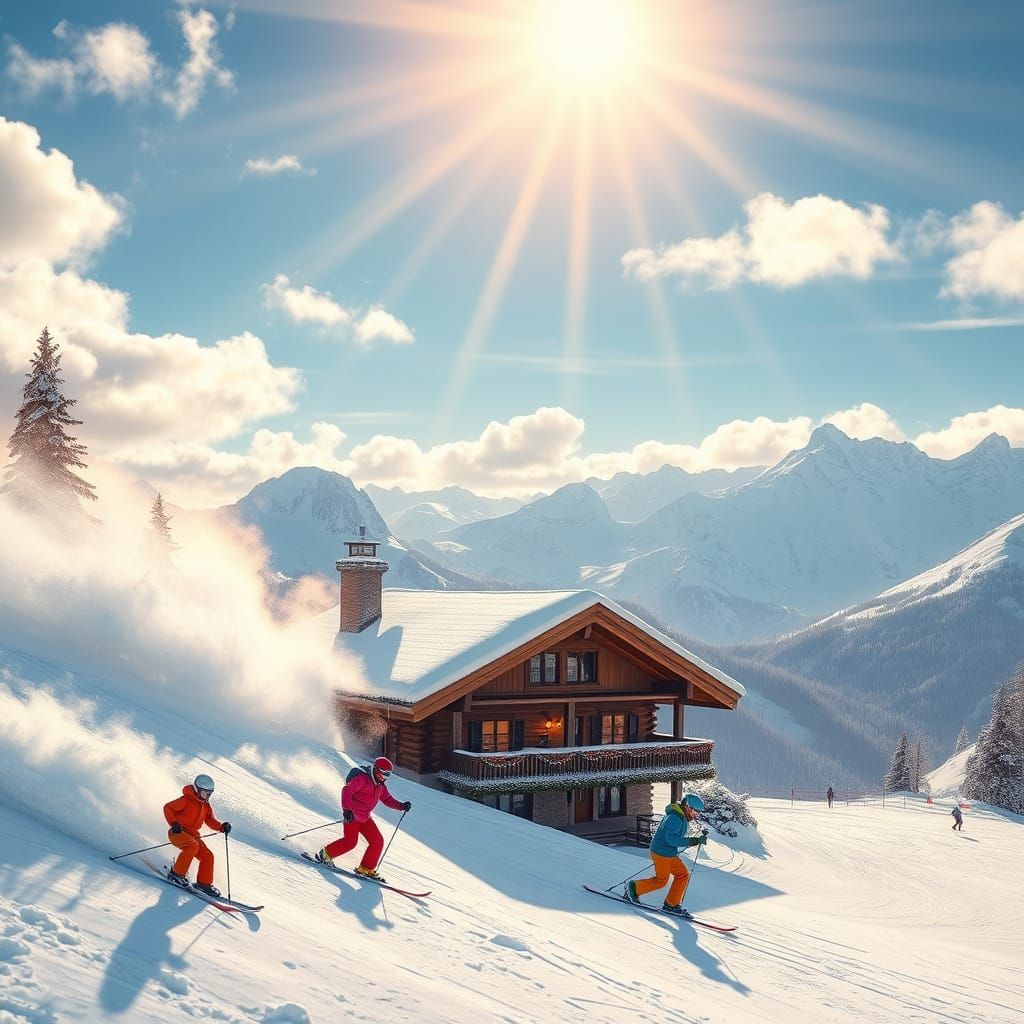 Ski Slope Scene in Vibrant Alpine Setting with Majestic Moun...