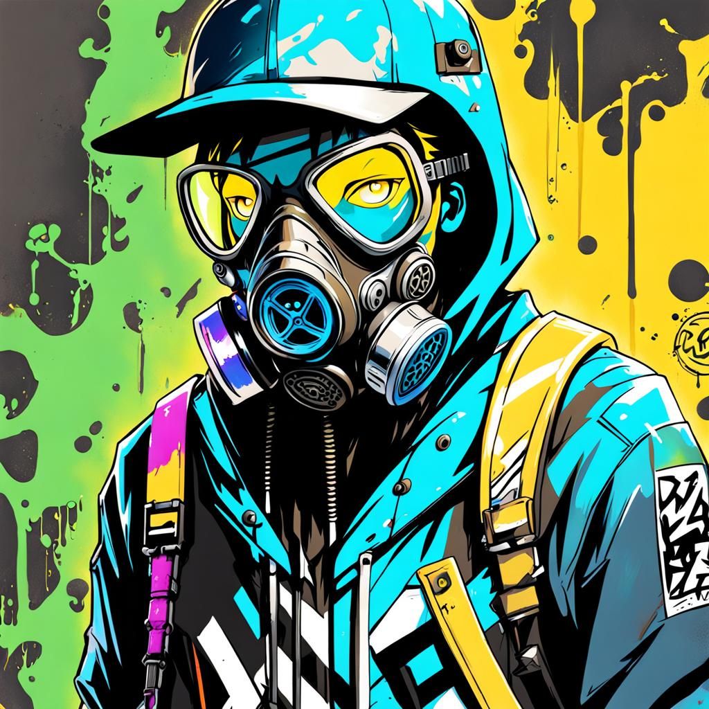 Vibrant Street Art Boy in a Gas Mask