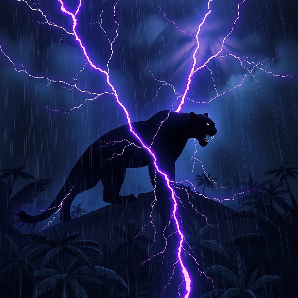 Gothic Panther Silhouette Against Stormy Jungle Sky