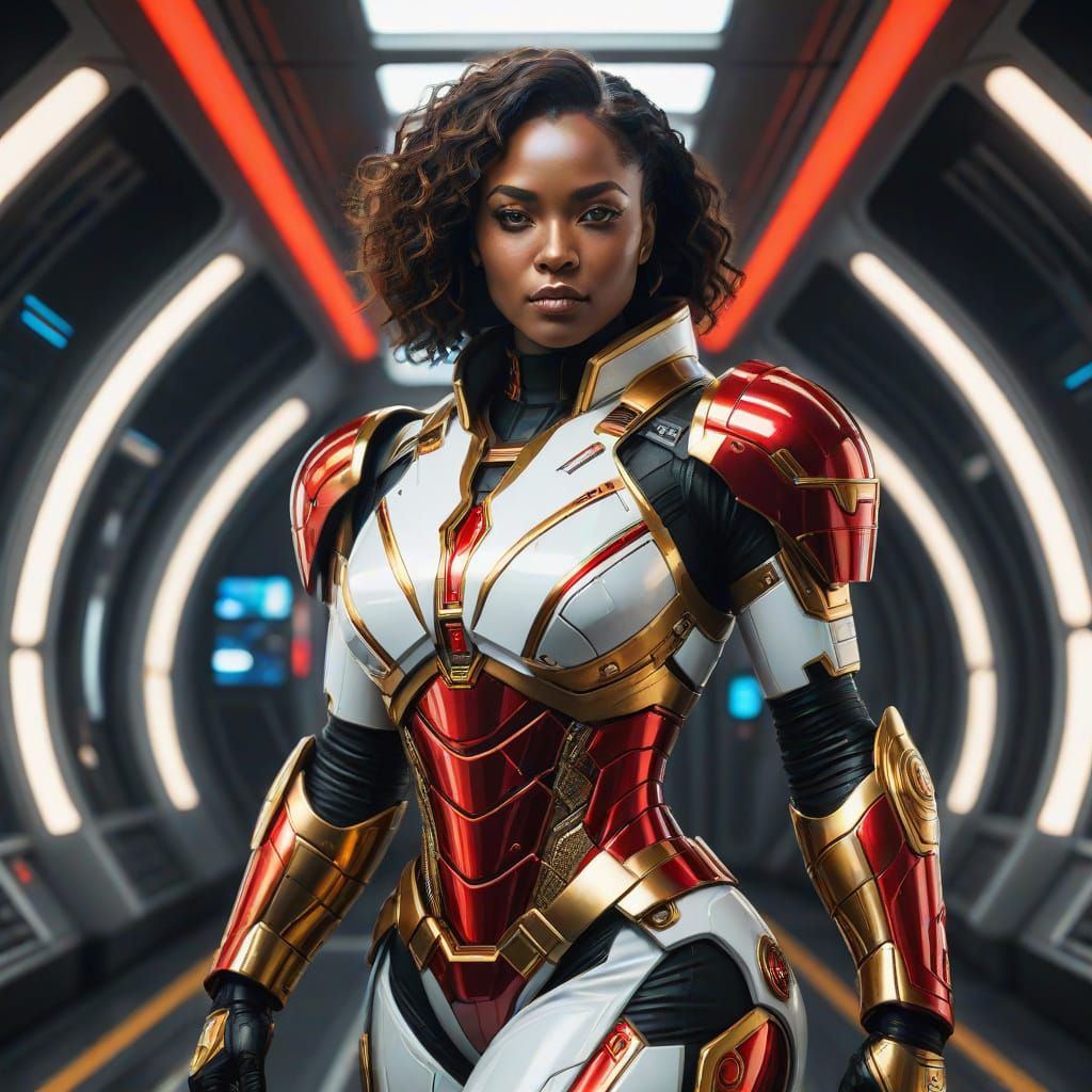 A Confident Black Woman in Futuristic Power Armor
