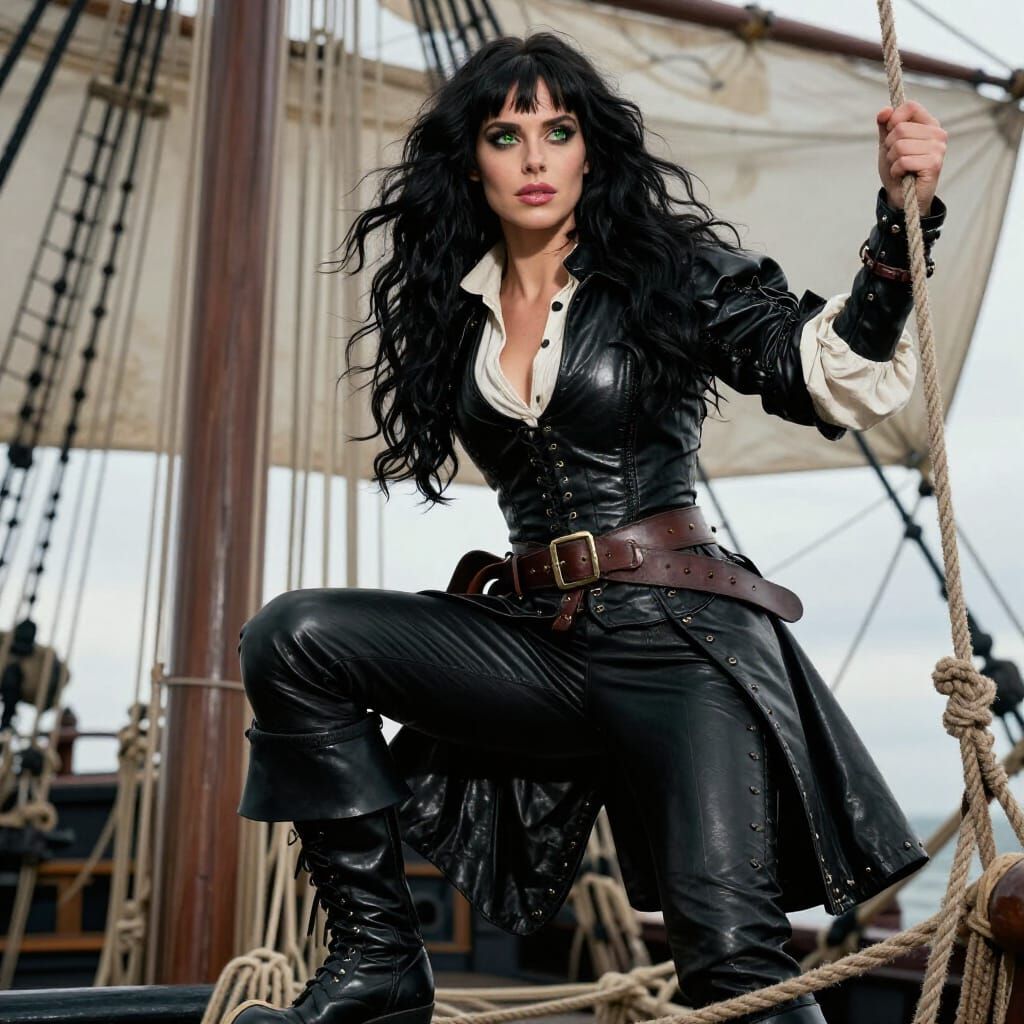 Determined Sailor Woman Climbing Ship Rigging