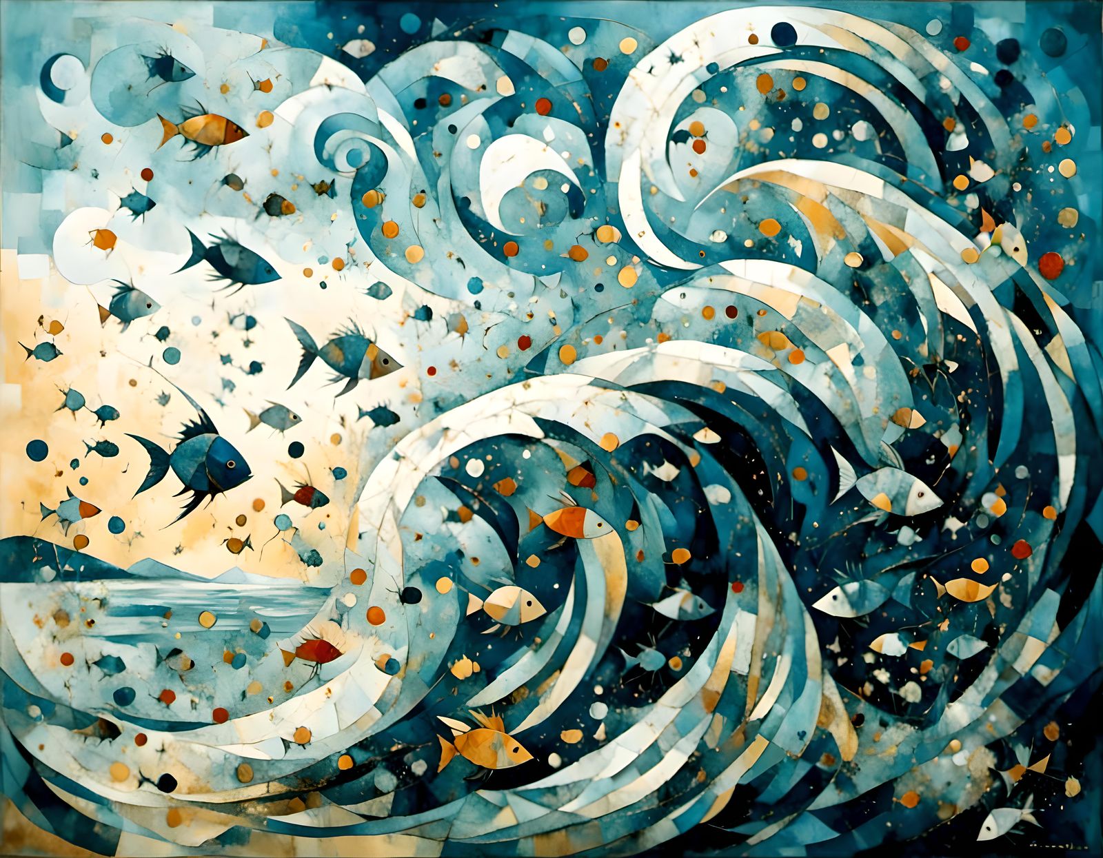 Cubist Fish Jumping in Swirling Blue Waves