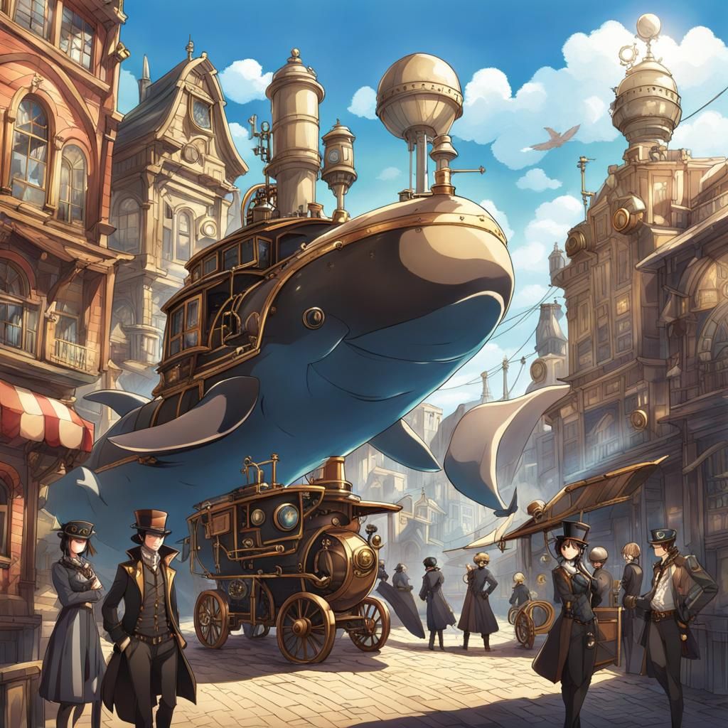 Steampunk Town with Whale in Anime Style