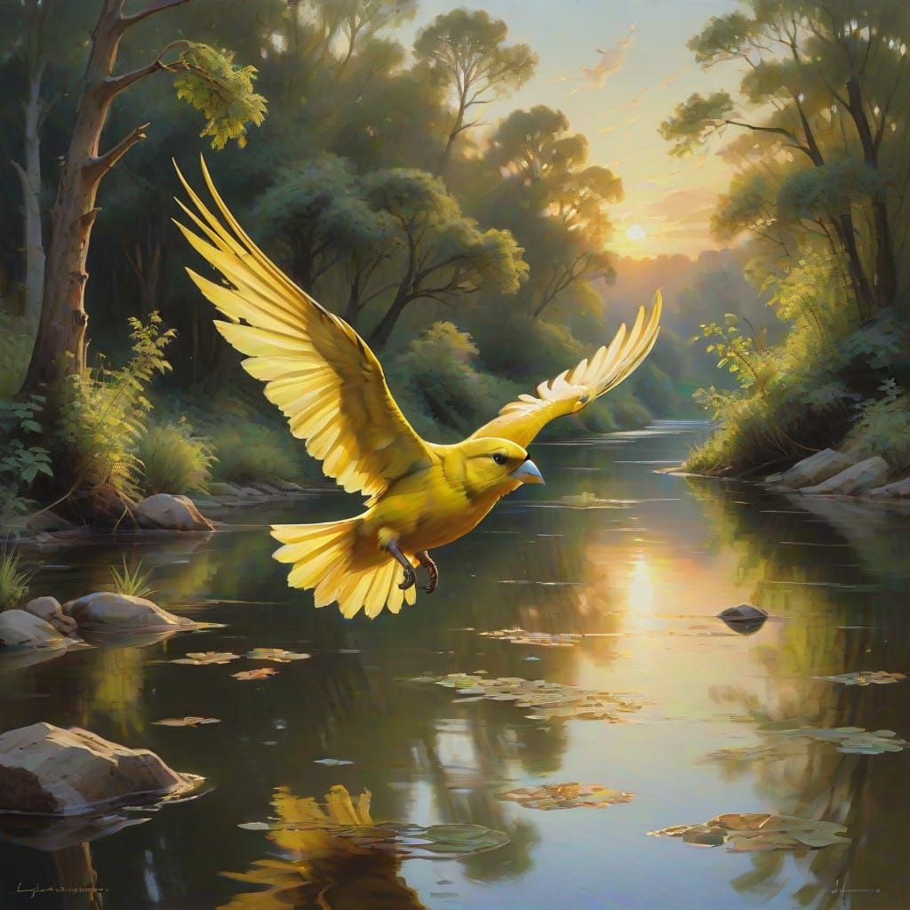 Vibrant Canary Soars Over Serene River Landscape