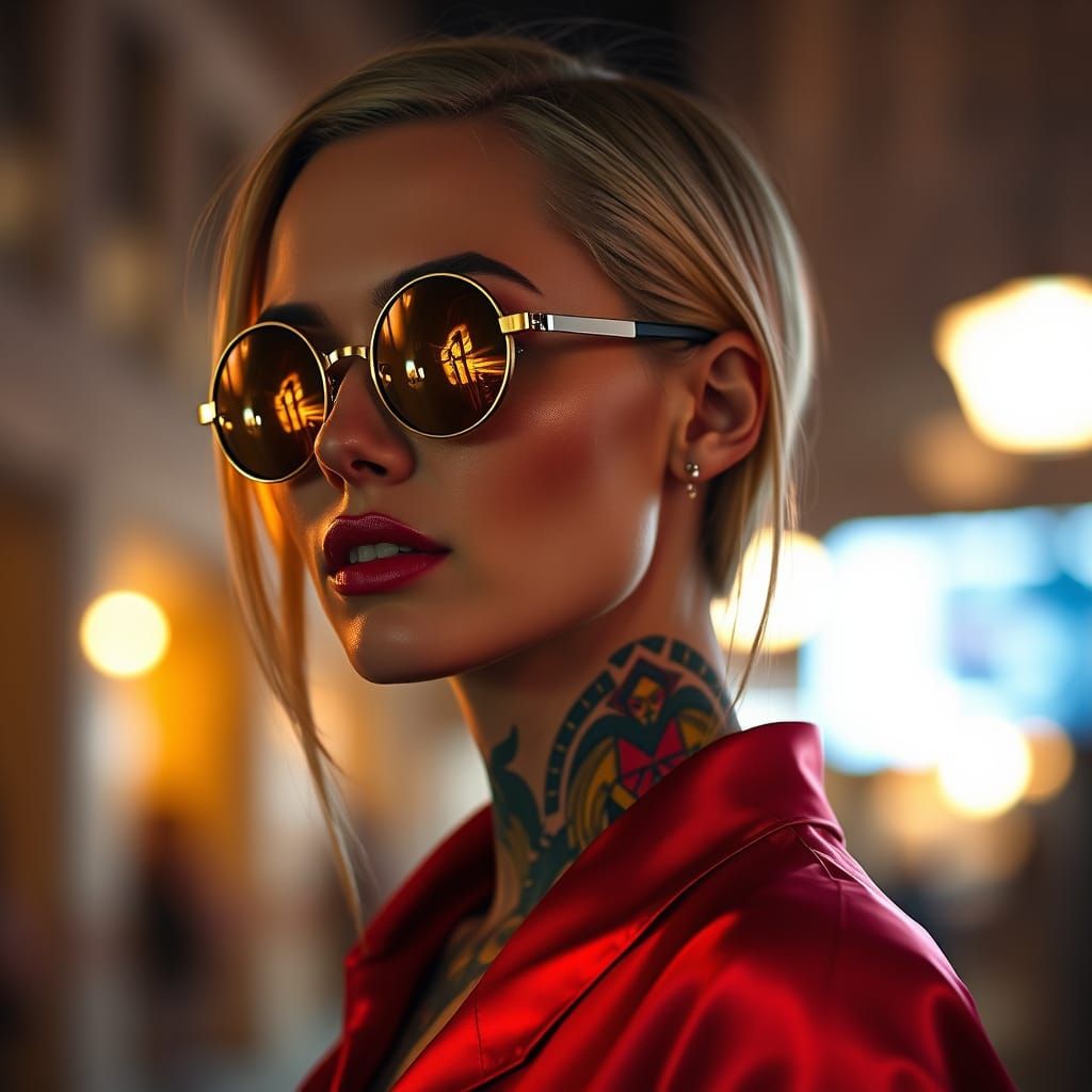 Elegant Woman in Neon Night Scene