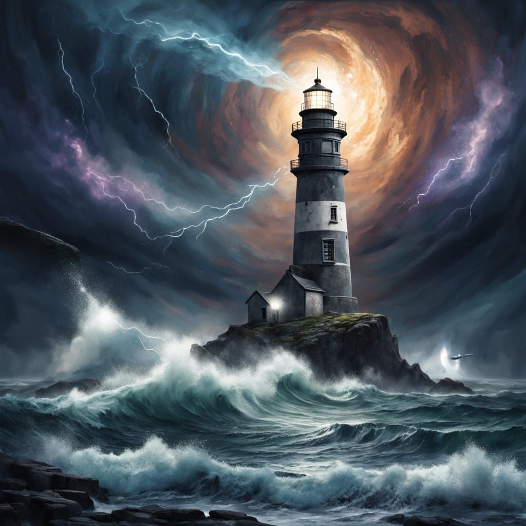 Defiant Lighthouse Against Cosmic Storm Sea