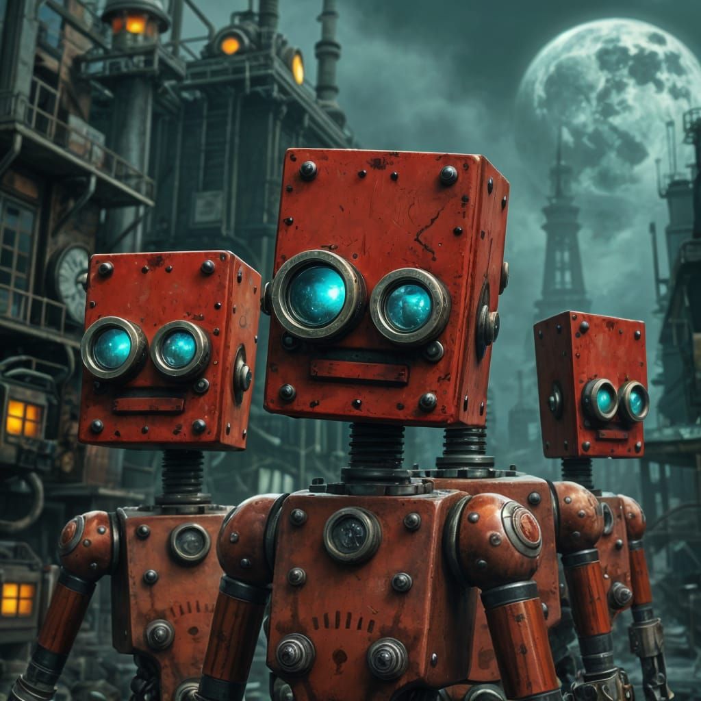 Steampunk Robots in a Dark Urban Cityscape