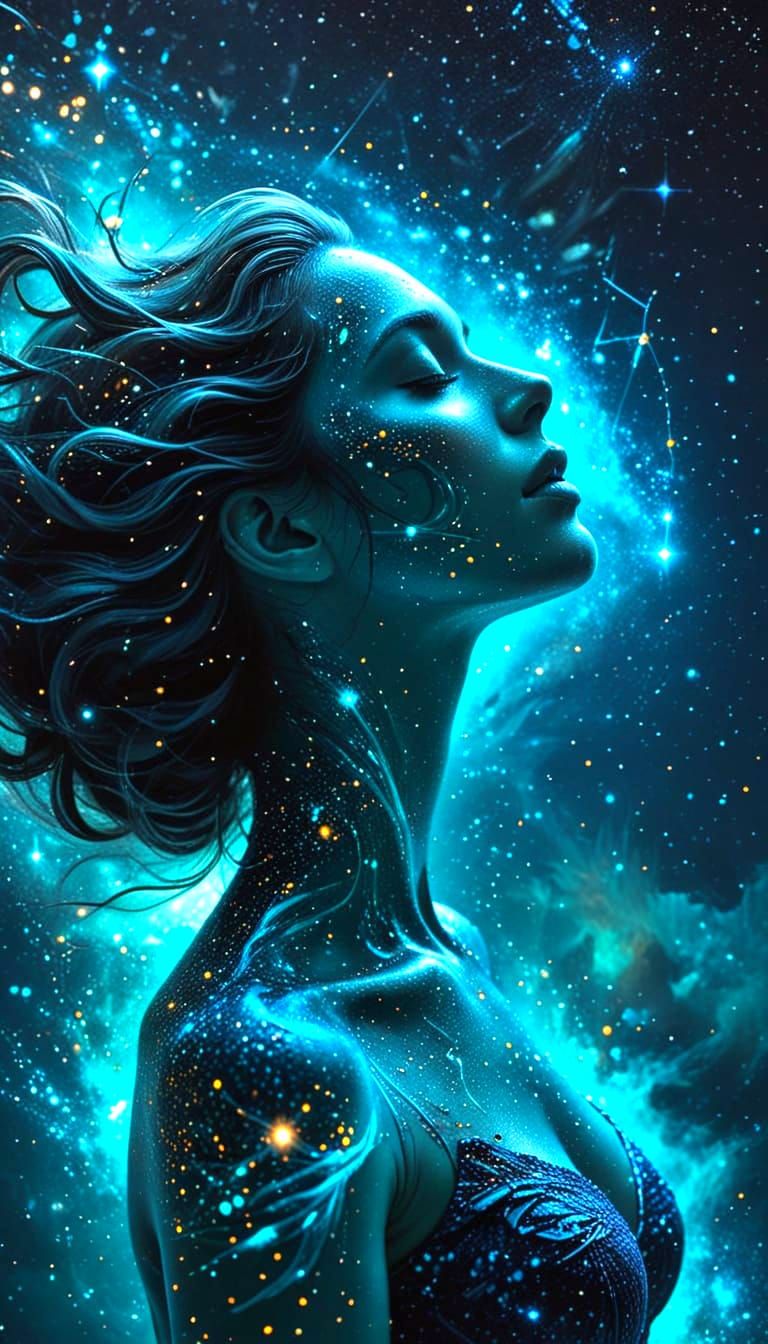 Surreal Double Exposure: Woman Merges With Celestial Constel...
