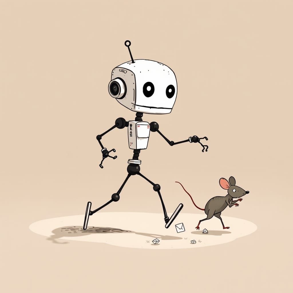 Stick Figure Robot Chasing Mouse, Digital Art
