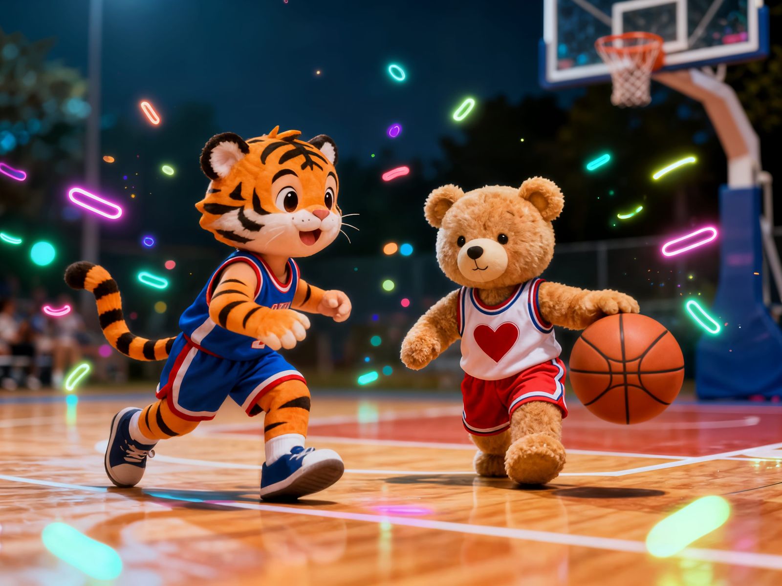 Cute Tiger Kid and Teddy Bear Play Basketball