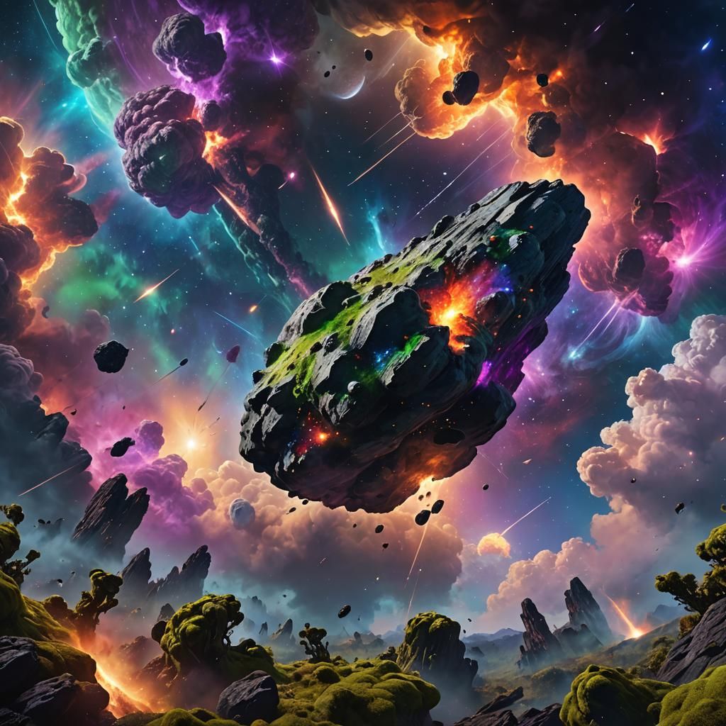 Asteroid's Flight Through Space Nebula as Oil Painting