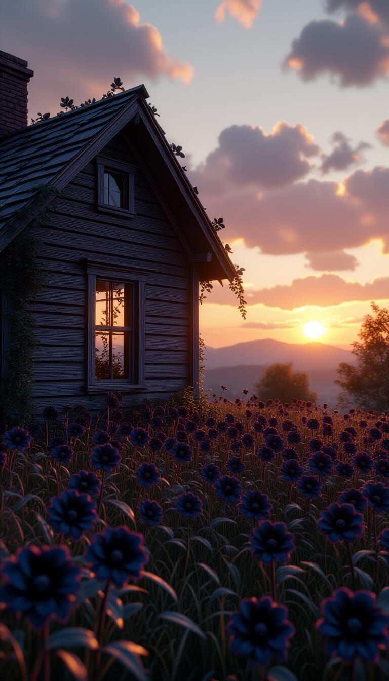 Cabin Overtaken by Black Flowers, Renaissance Painting