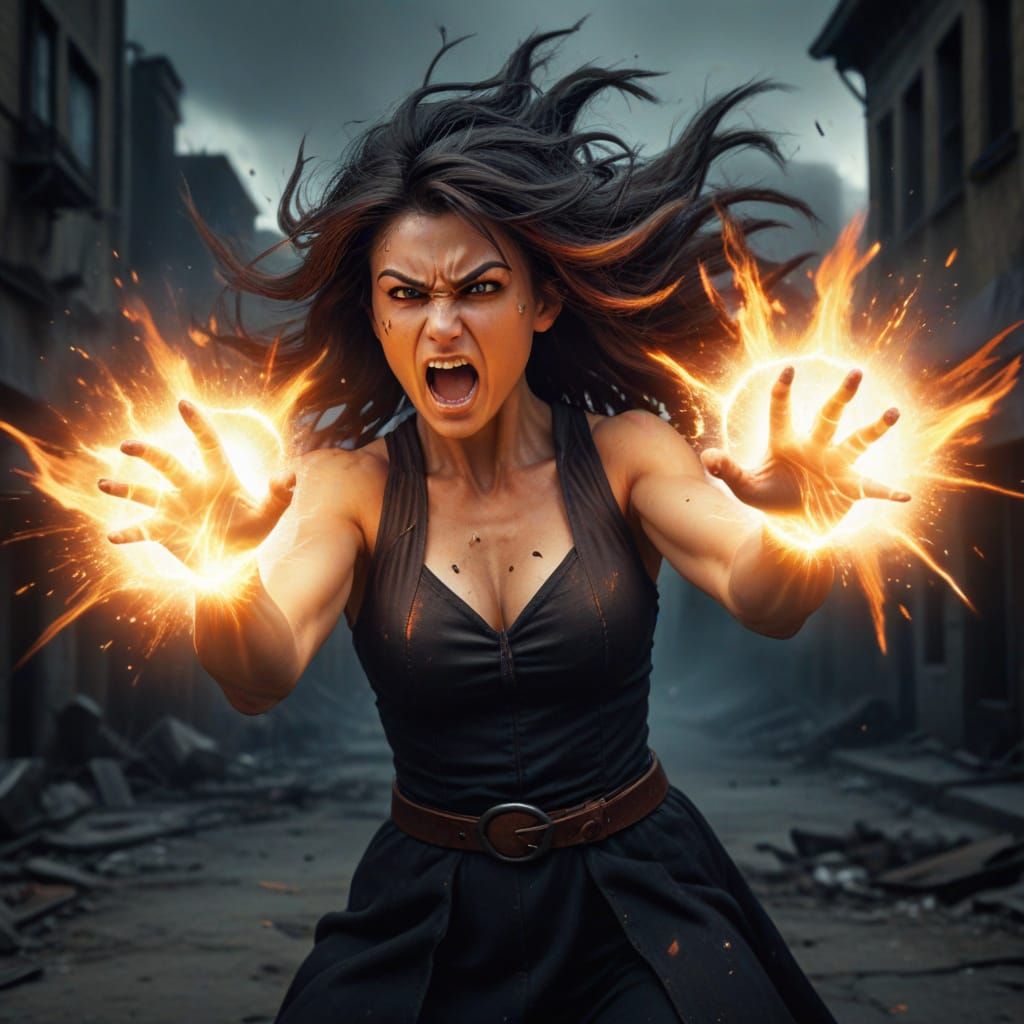 Witch Unleashing Energy Blast in Hyperrealistic Style