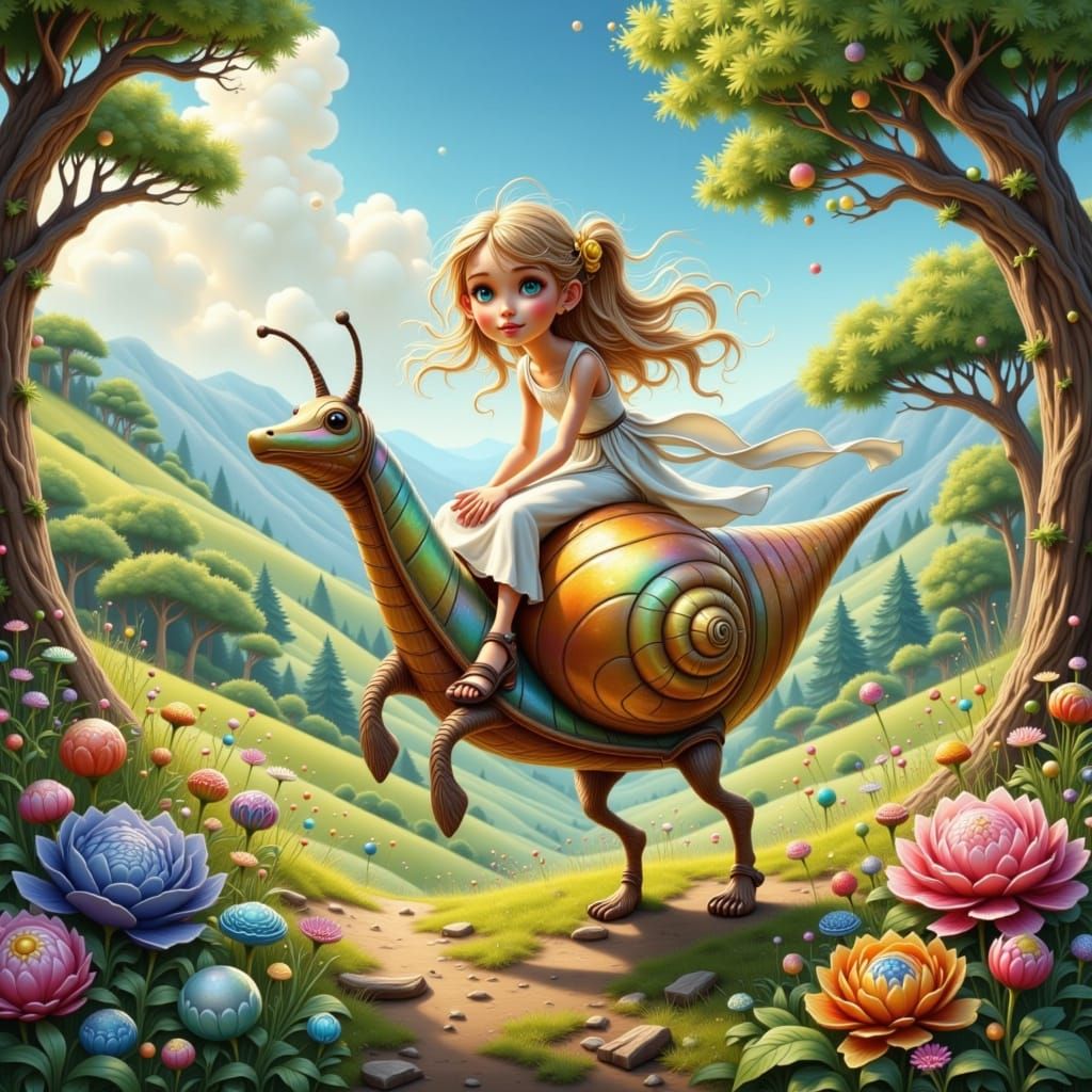 Whimsical Racing Snail Ride in Vibrant Dreamlike Landscape