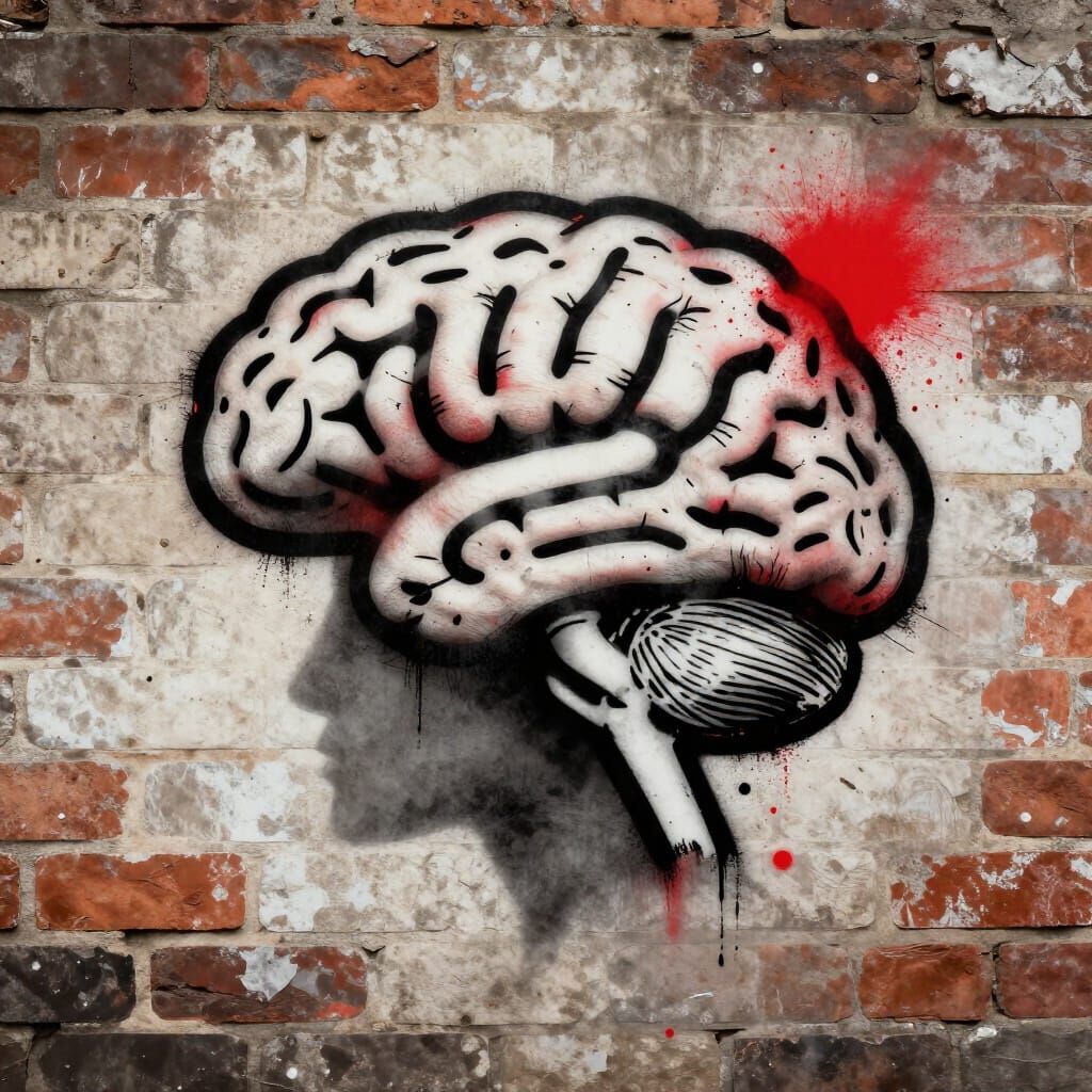 Banksy Style Brain Art on Brick Wall