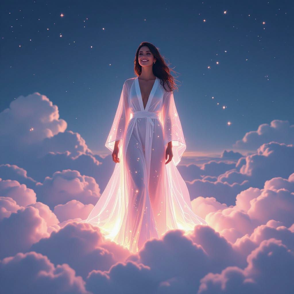 Celestial Woman on Cloud in Futuristic Style