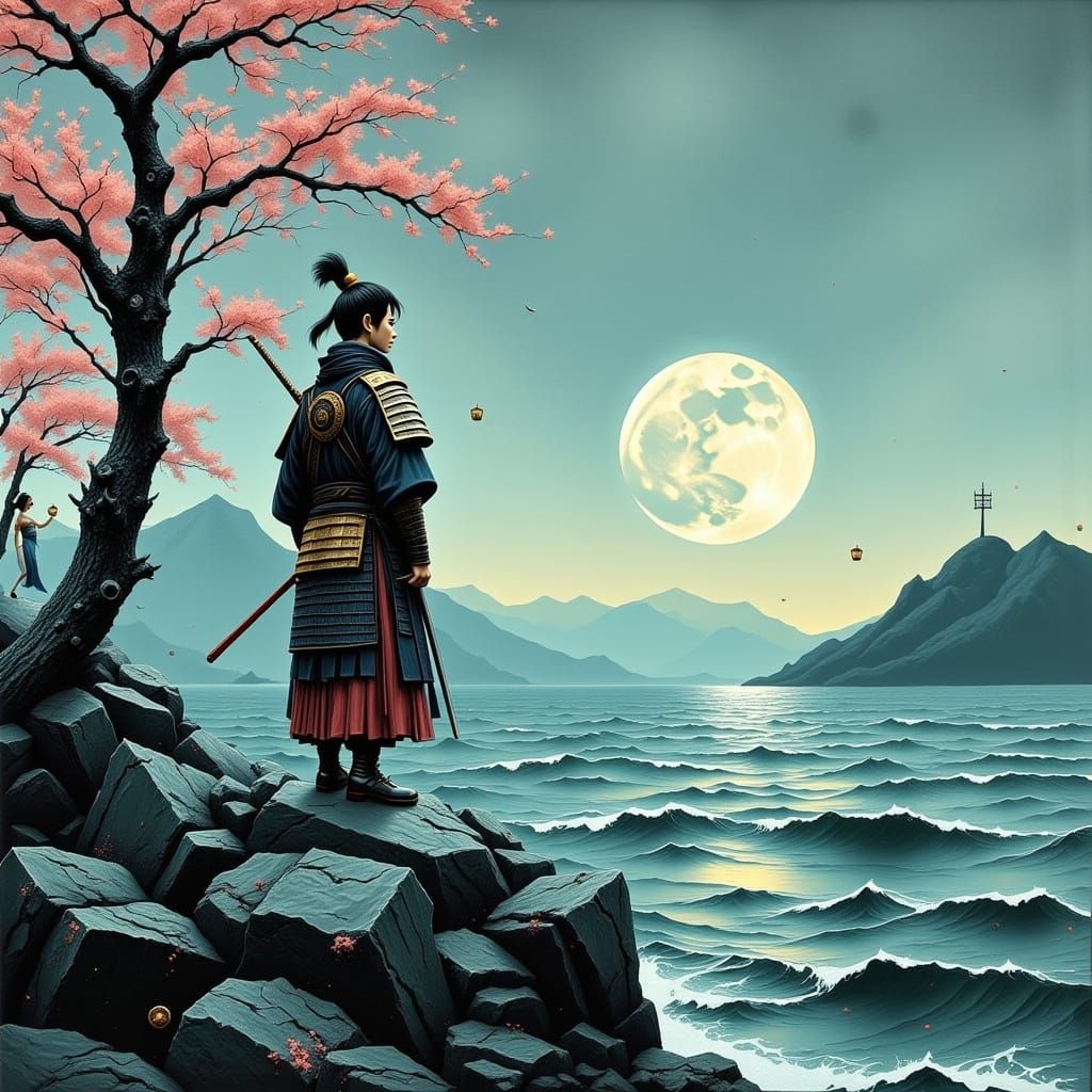 Samurai and Geisha on Serene Seaside at Dusk