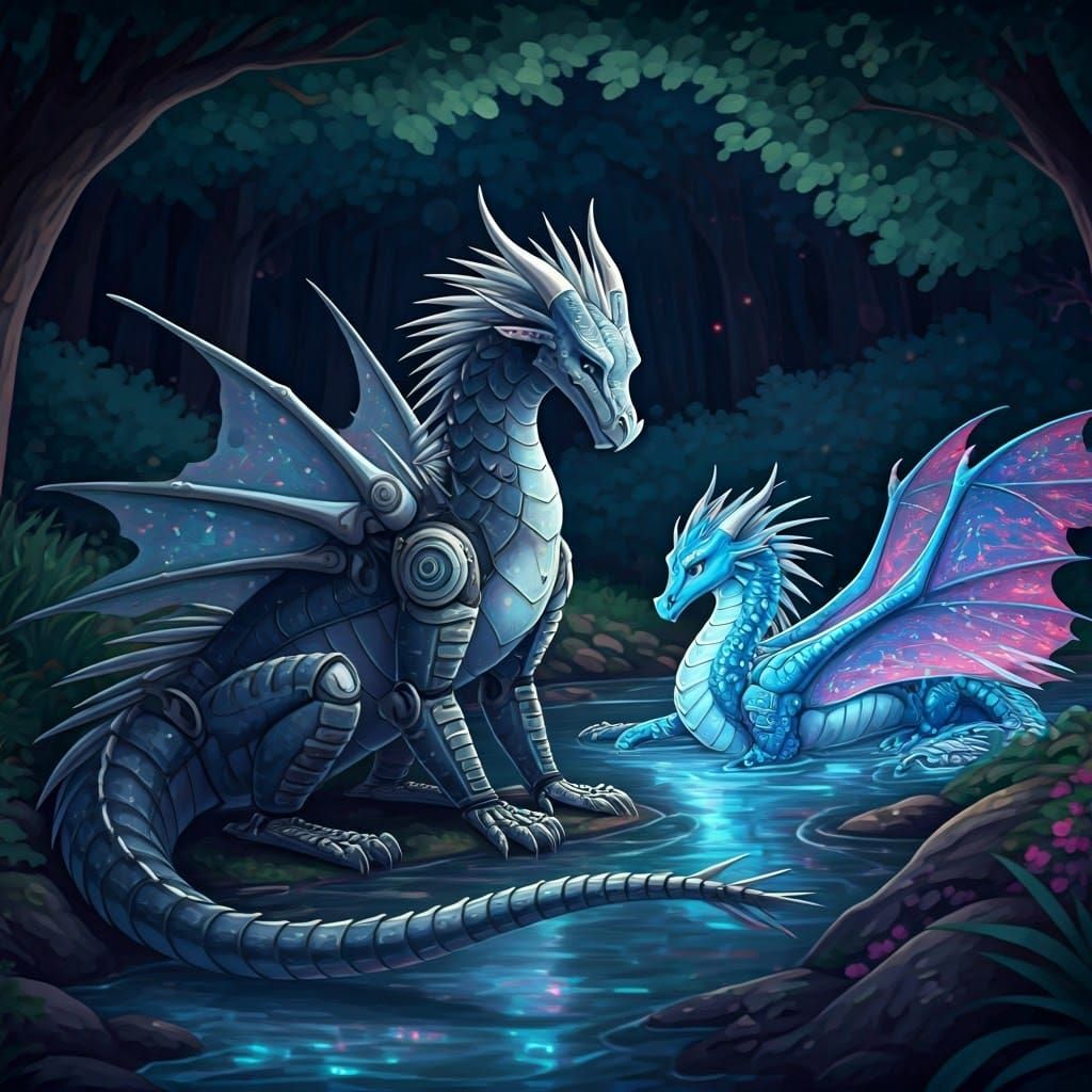Robotic IceWing Dragon in Twilight Dreamscape