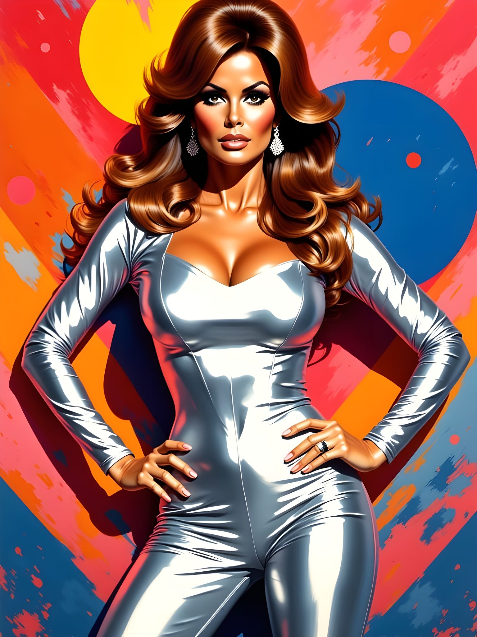 Raquel Welch Pop Art Portrait in Futuristic Silver Style