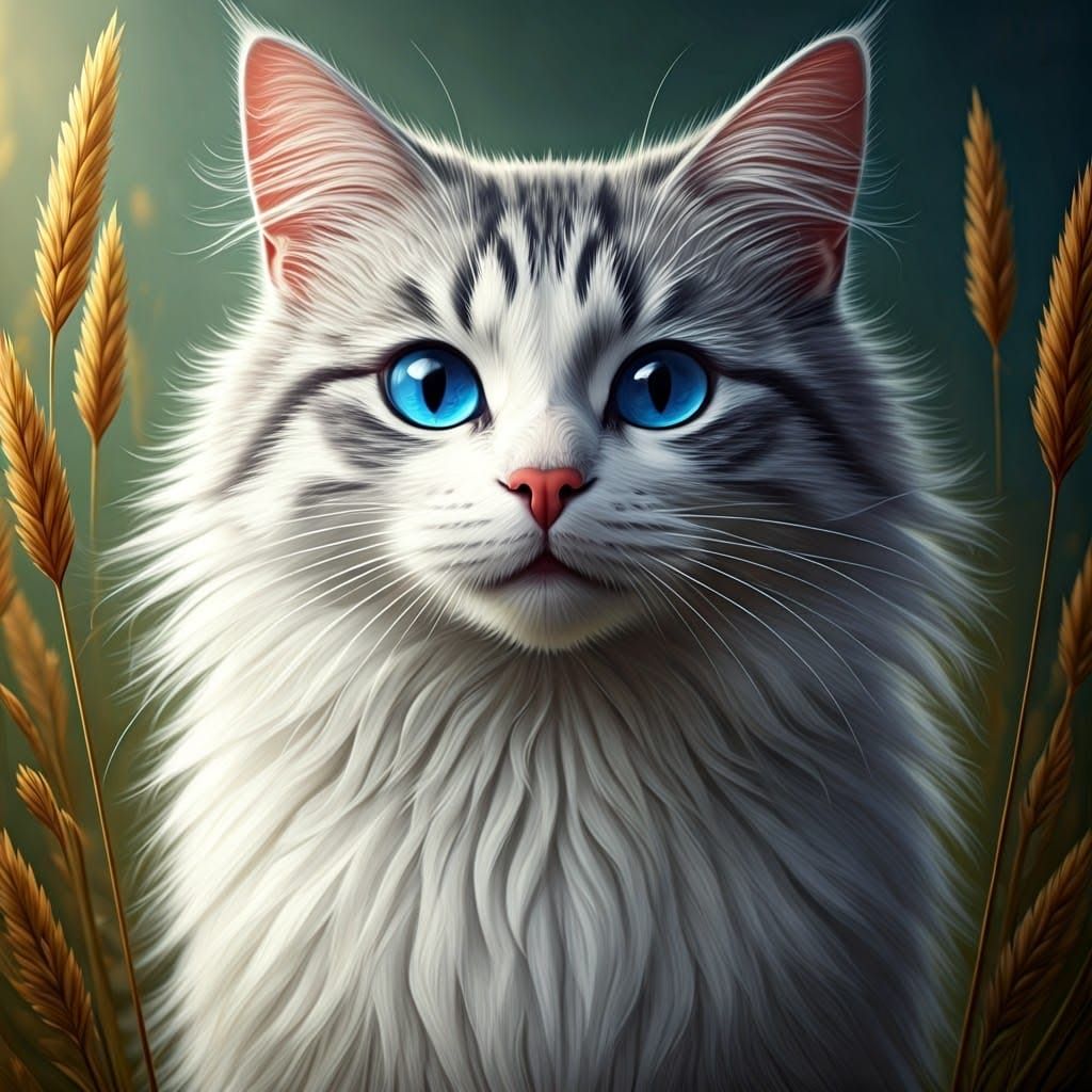 Whimsical Fantasy Cat Amidst Wheat and Wildflowers