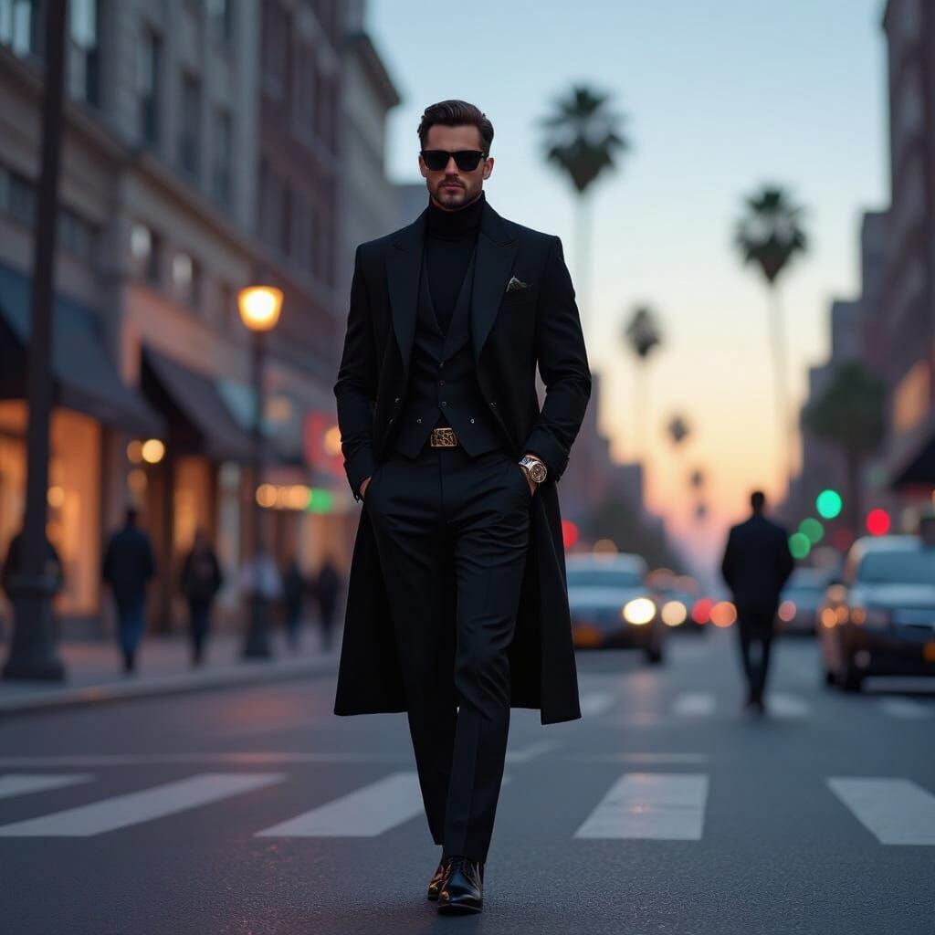 Stylish Man in Black Suit on NYC Street