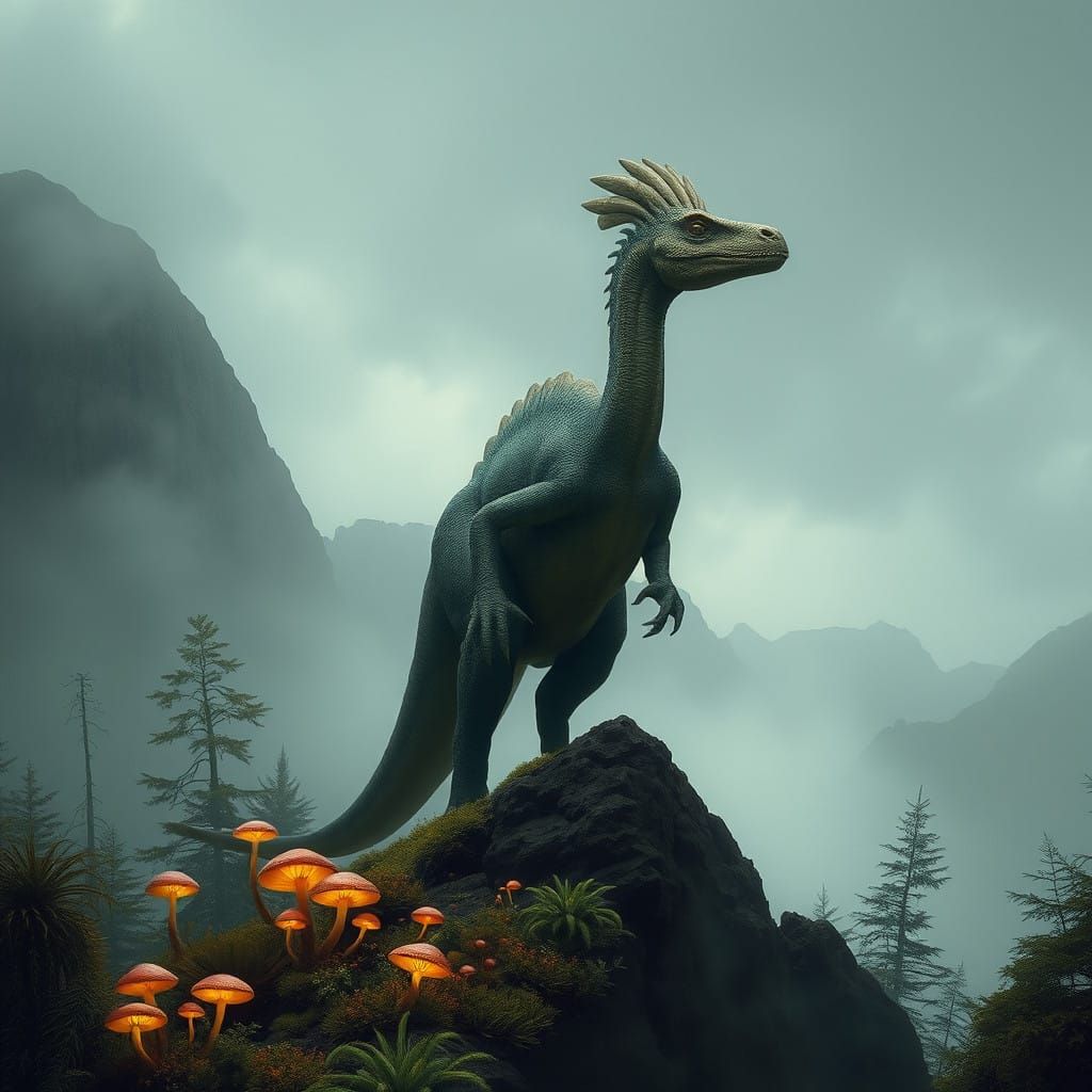 Majestic Troodon Dinosaur in Eerie, Dreamlike Landscape