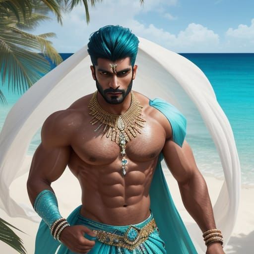 Indian Man on Beach in Diamond Thong: Photorealistic Image