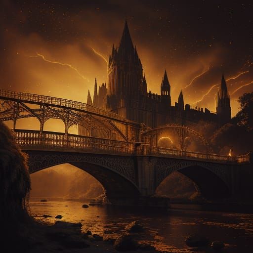 Gothic Romance Under Iron Bridge at Golden Hour